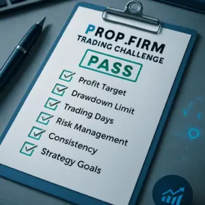 Checklist for passing a propfirm trading challenge with profit target, drawdown limit, risk management, and consistency.