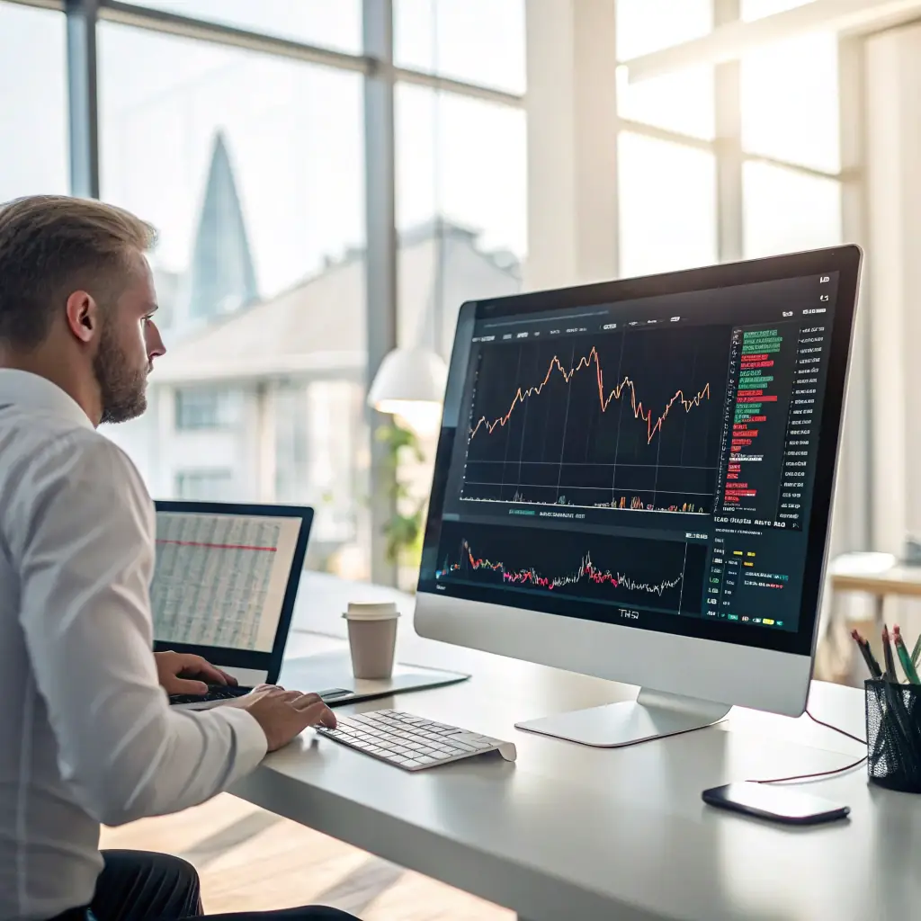 Trader analyzing charts on a professional prop trading desk