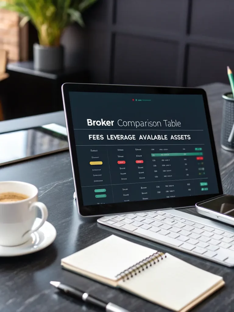 Laptop displaying comparison table of prop firms with fees and leverage metrics