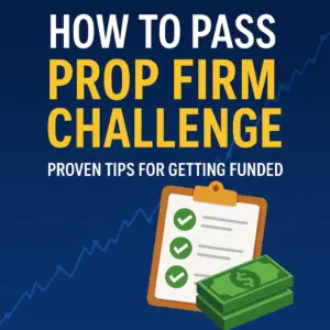 Illustration showing tips to pass prop firm challenge with checklist and growth chart, optimized for how to pass prop firm challenge